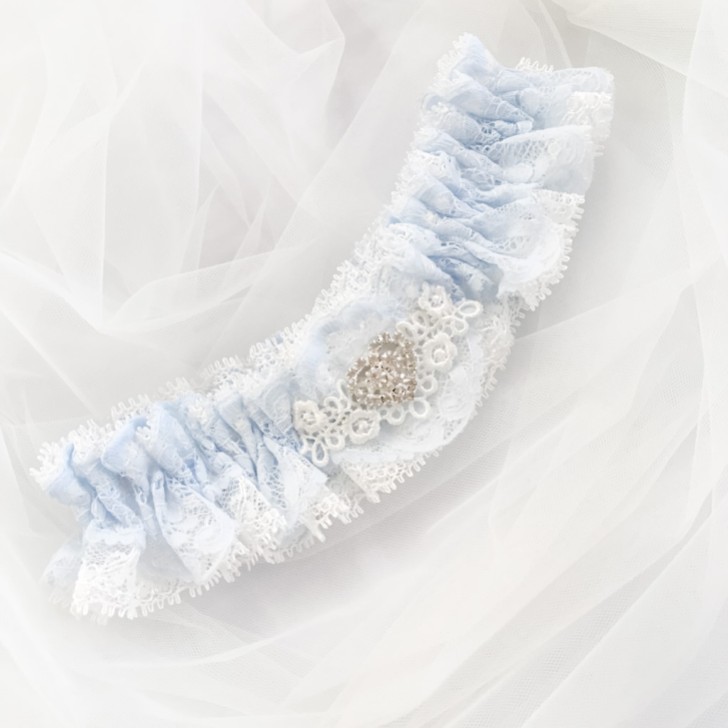 Desire Blue and Ivory Lace Bridal Garter with Crystal Heart Detail